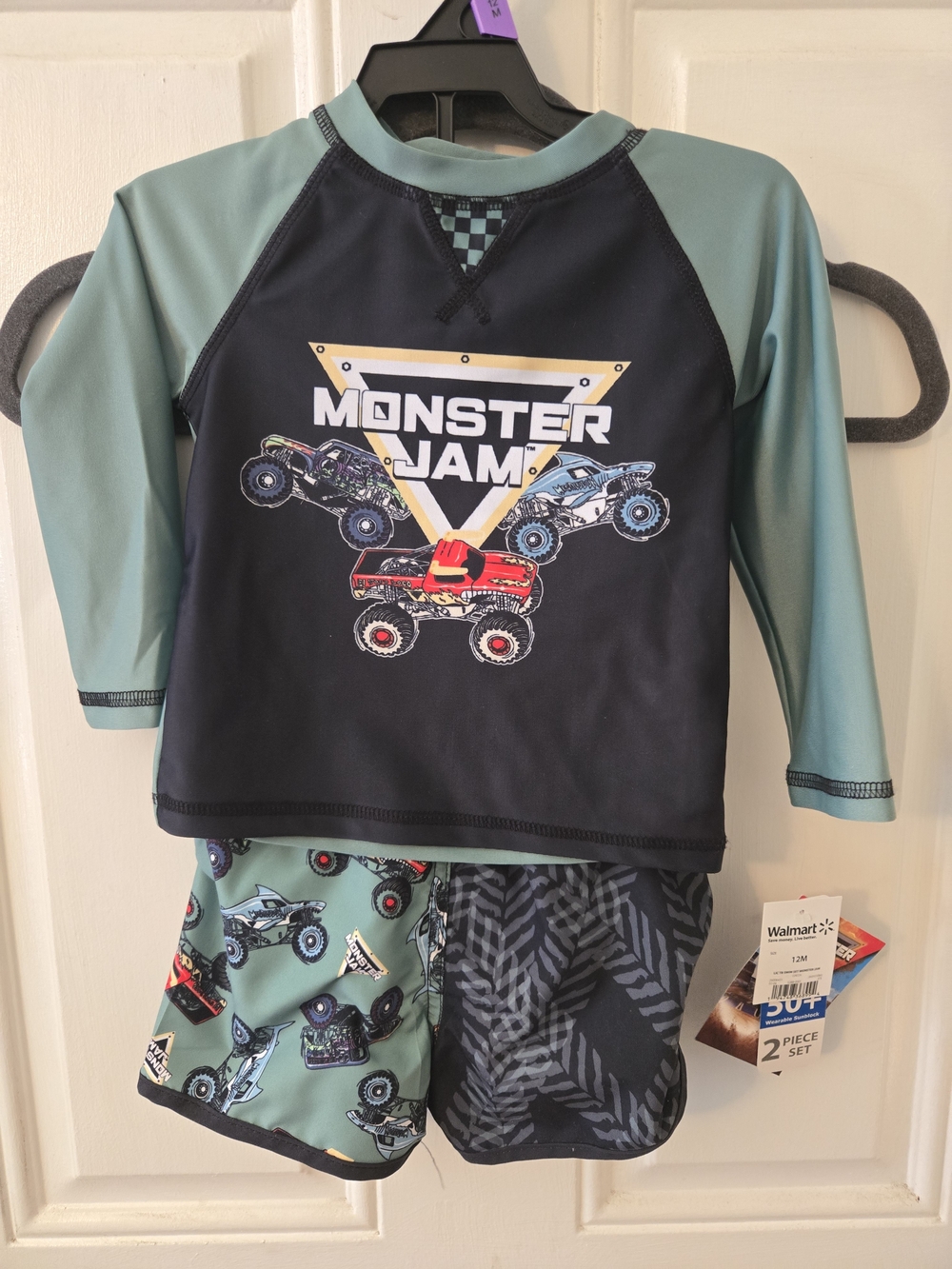 Monster Jam Boys Black & Teal Swim Trunks Set - Rash Guard & Shorts